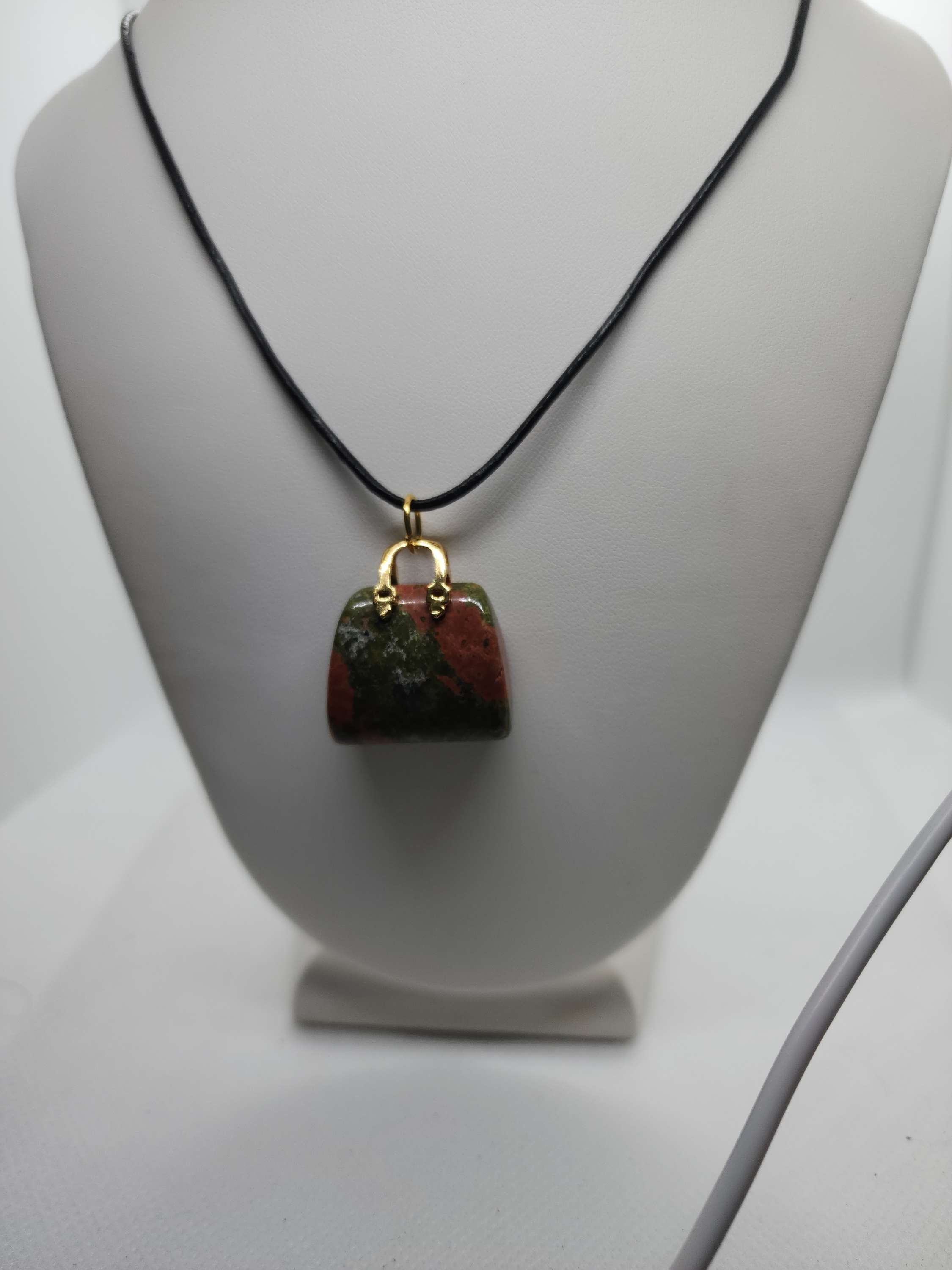 Natural  stone necklace bag shaped on leather rope image 0