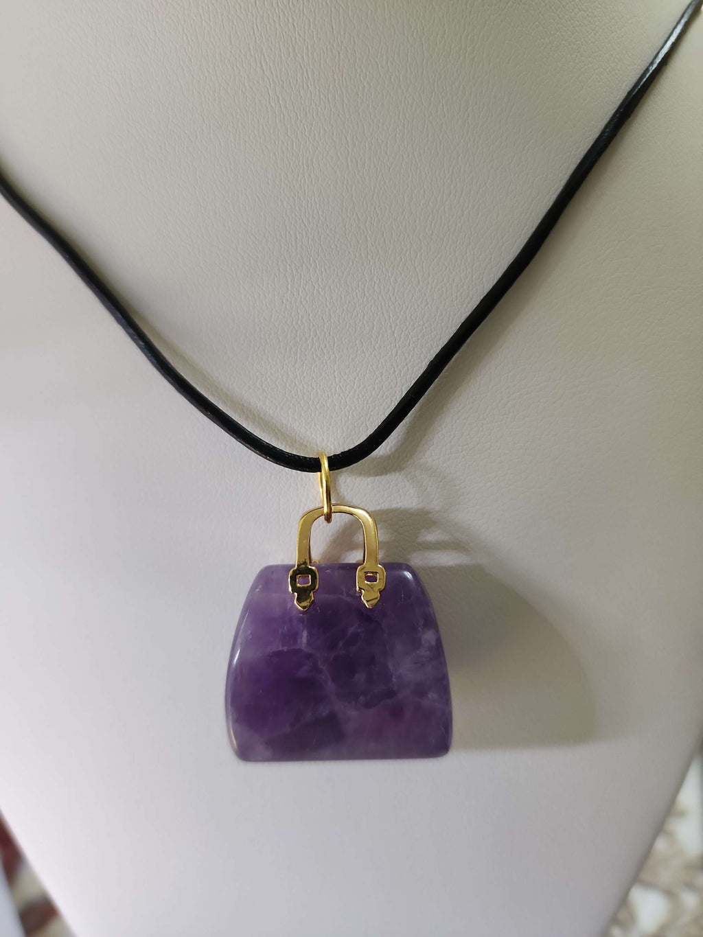 Natural  stone necklace bag shaped on leather rope image 0