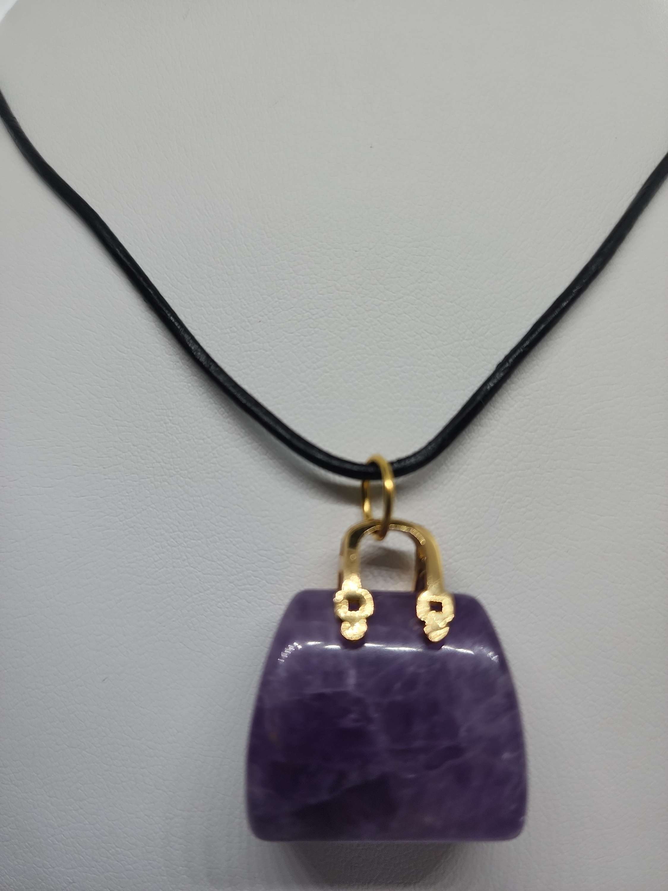 Natural  stone necklace bag shaped on leather rope image 1